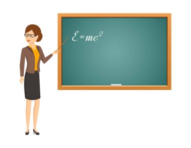 Öğretmen kadın sınıfta okulu blackboard yanındaki işaretçisiyle.