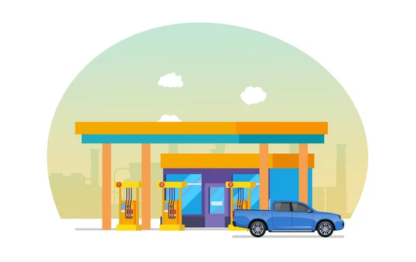 Car is fueled at gas station. Object of oil industry. — Stock Vector