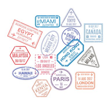 Mühürler, ziyaret edilen ülkelerden. Şablon pullar, mühürler.