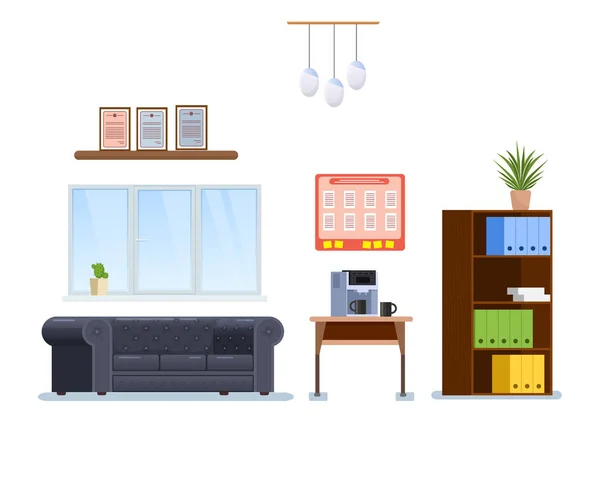 Gabinete de oficina interior con muebles, soporte, lámpara de araña, armario . — Vector de stock