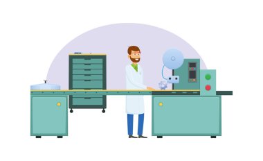 Üretim fabrikası, işçi çalışma formunda teknolojik metal işleme makine yakınındaki