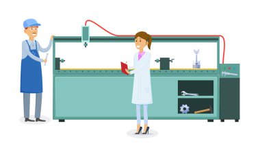 Üretim fabrikası, işçi çalışma formunda teknolojik metal işleme makine yakınındaki