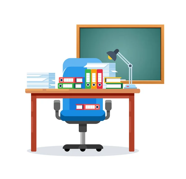 Classe scolaire et universitaire, avec documents, tableau et bureaux . — Image vectorielle