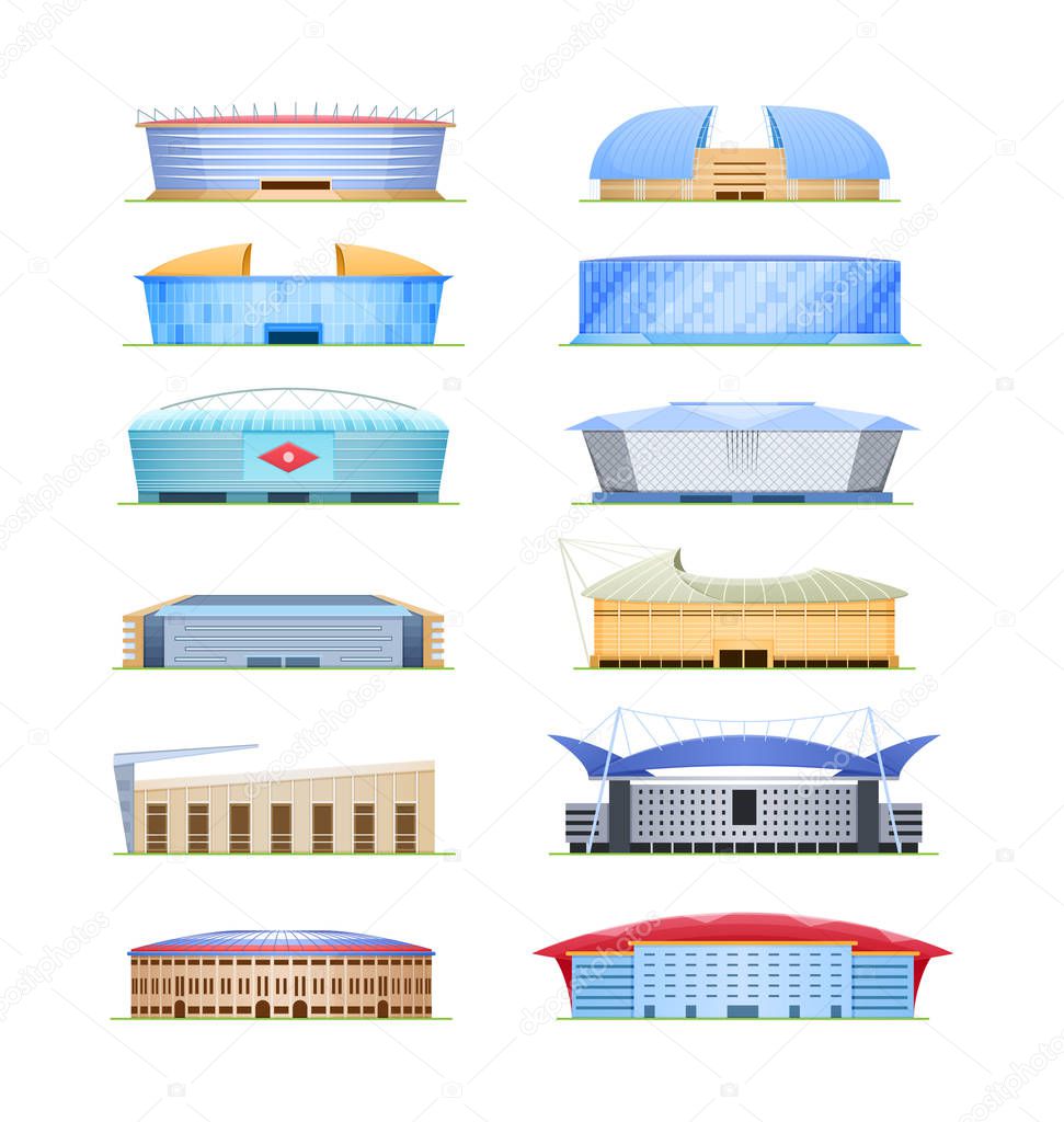 Set of beautiful modern sports stadium for football championship, sports arena. Exterior football stadium, side view. Covered, open field with stands and canopy. Vector illustration.