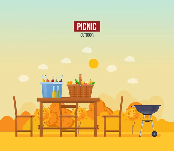 Herbst-Picknick-Veranstaltung im Park im Freien. Set Produkte, Gemüse, Getränke. — Stockvektor