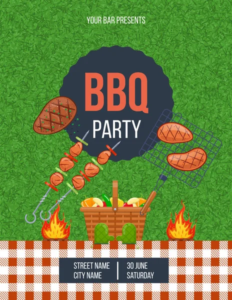 Picnic estivo all'aria aperta, poster pubblicitario bbq party . — Vettoriale Stock