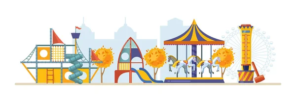 Parque infantil de outono. Parque de diversões para crianças com atrações . —  Vetores de Stock