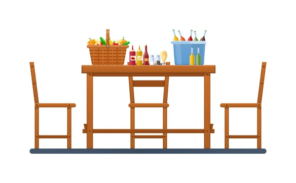 Set de productos y verduras, en canasta de mimbre. Muebles de madera . — Vector de stock