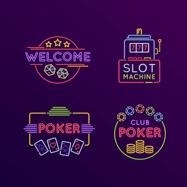 Parlak tabela Neon belirtileri ayarlayın. Oyun, casino, kumar, rulet.