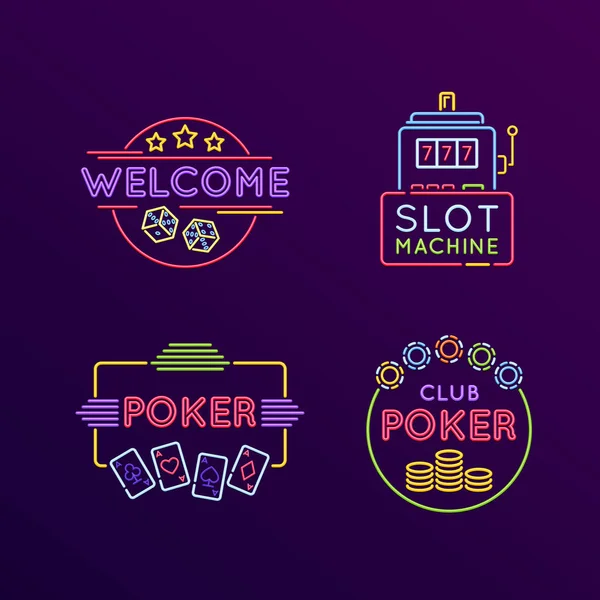 Ensemble de enseignes au néon, signalisation lumineuse. Casino, jeux, jeux de hasard, roulette . — Image vectorielle