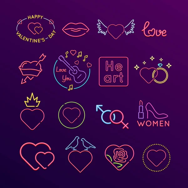 Set of neon signs, bright signage. Concept Valentines Day, love. — Stock Vector