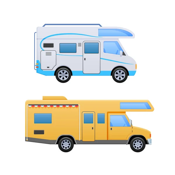 Vans, vehicle trailer, camping, family traveling by car, mobile homes. — Stock Vector