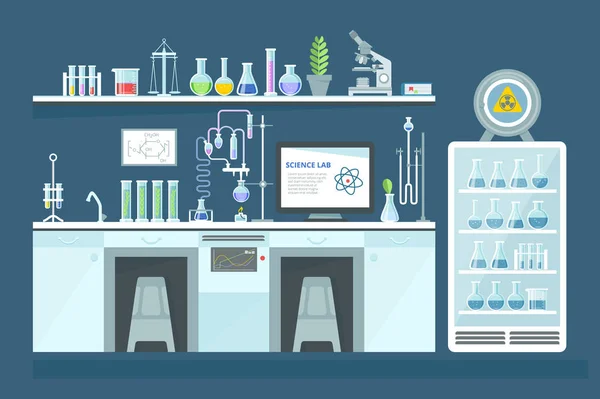 Laboratorio químico científico, realización de experimentos, investigación en laboratorio, interior . — Vector de stock