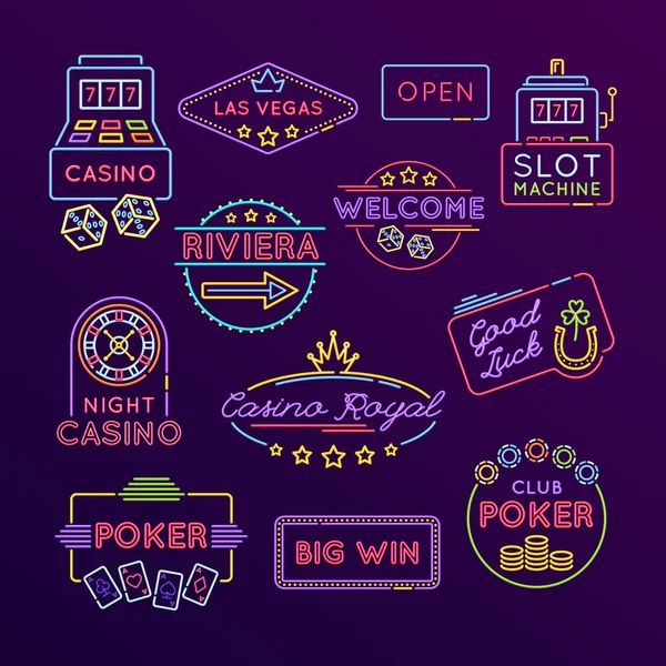 Gran conjunto de letreros de neón, señalización brillante. Casino, juegos, juegos de azar . — Archivo Imágenes Vectoriales