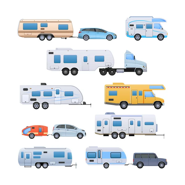 Lieferwagen, Fahrzeuganhänger, Zelten, Familienreisen mit dem Auto, Mobilheime. — Stockvektor