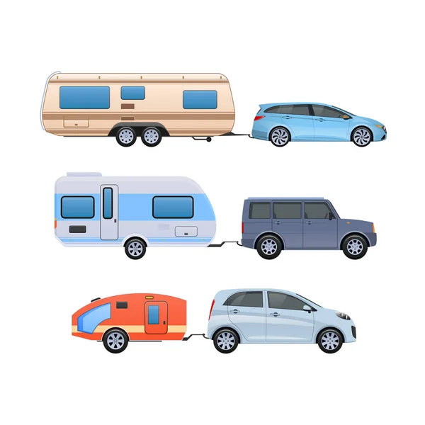 Fourgonnettes, caravane, camping, famille voyageant en voiture, mobil-homes . — Image vectorielle