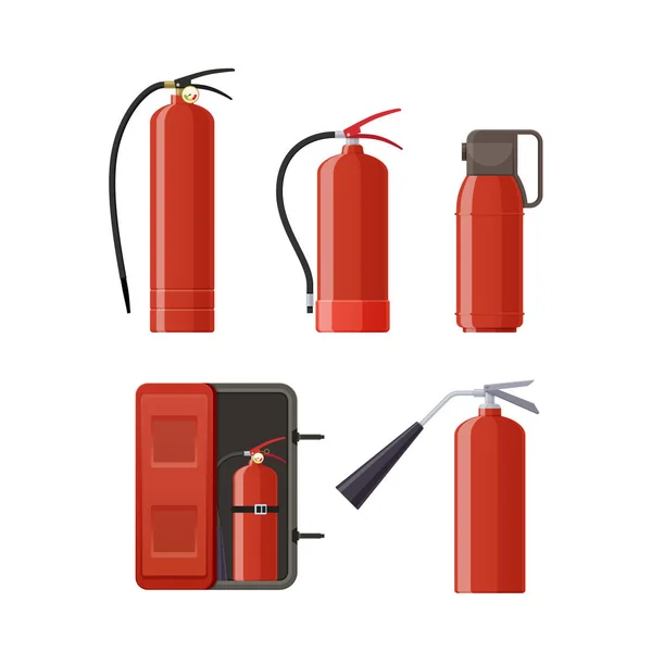 Conjunto de vários extintores de incêndio de metal, várias formas, bicos, mangueiras . —  Vetores de Stock
