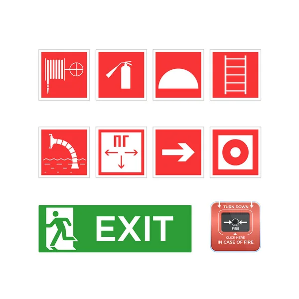 Set symbols, logos, icons, hose, ladder, emergency exit, alarm button. — Stock Vector