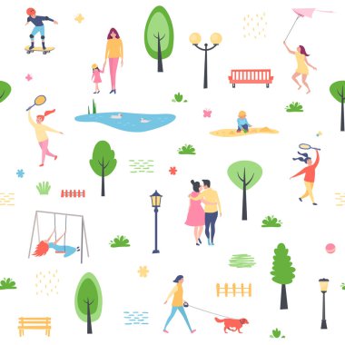 Sorunsuz geçmiş, desen. Yaz desen park yürüyüş karakter insanlarla