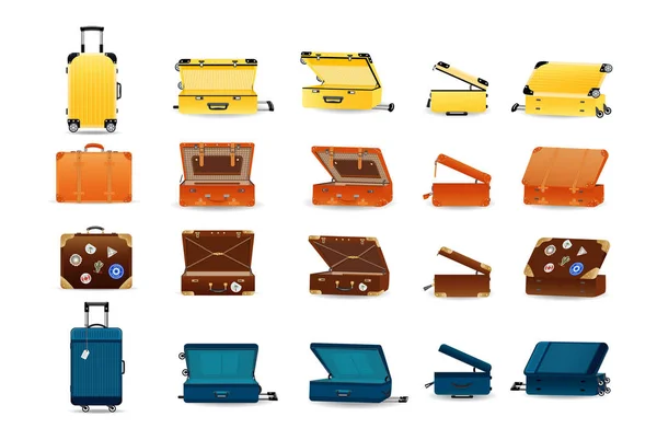 Groot aantal kunststof, leder en metalen reizen koffers. — Stockvector