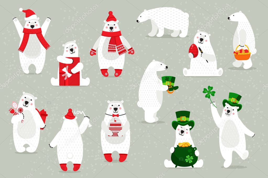 Set of white polar bears, in festive headdresses, accessories.
