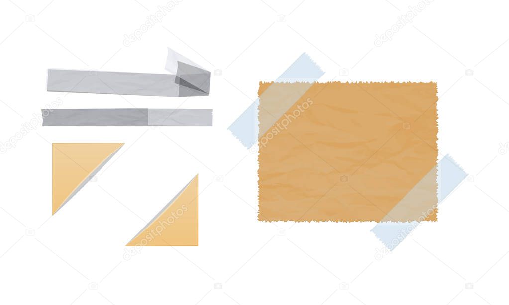 Set of scraps of paper with adhesive tape, note sheets.