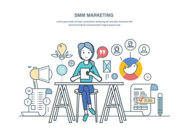 SMM pazarlama. Reklam, promosyon sosyal ağlar, ürünler ve hizmetler.