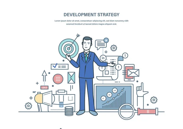 Entwicklungsstrategie, Vorbereitung effektives Geschäftsprojekt, Planung, Budgeteinsparung. — Stockvektor