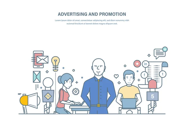 Publicidade e promoção. Promocional em rede social, venda digital, pr . —  Vetores de Stock