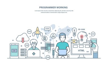 Programmer working. Programming in high-level languages and coding, remote work on freelance exchange with projects, process of developing applications. Illustration thin line vector doodles. clipart svg vector 