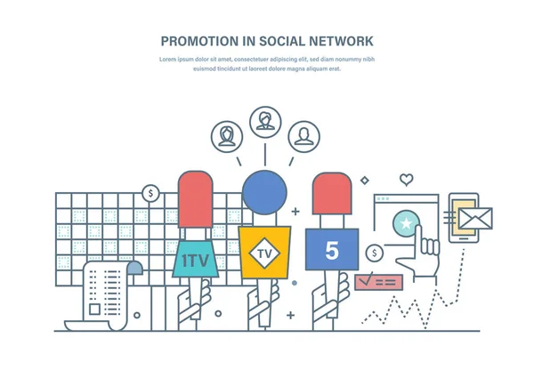 Promocional em rede social. Comunicação social, planeamento, marketing digital, publicidade . — Vetor de Stock