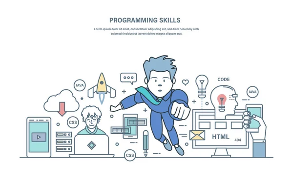 Compétences de programmation. Programmation dans des langages de haut niveau et codage, développement d'applications . — Image vectorielle