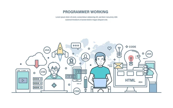 Programador a trabalhar. Programação em linguagens de alto nível, processo de desenvolvimento de aplicações . —  Vetores de Stock