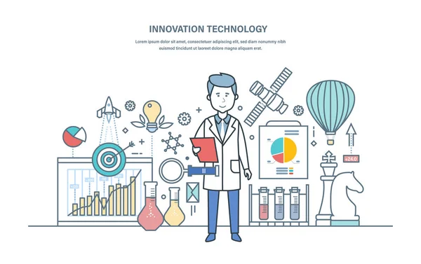 Innovációs technológia. Kutatási megoldások, tudományos munkák, bevezető kreatív gondolkodás. — Stock Vector