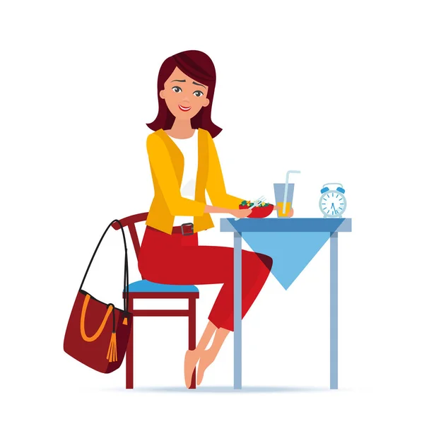 Desayunos de chicas en la mesa, preparándose para trabajar . — Vector de stock