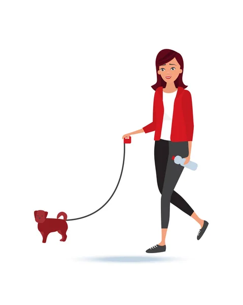 Chica, sosteniendo poco perro en la correa, paseos al aire libre . — Archivo Imágenes Vectoriales