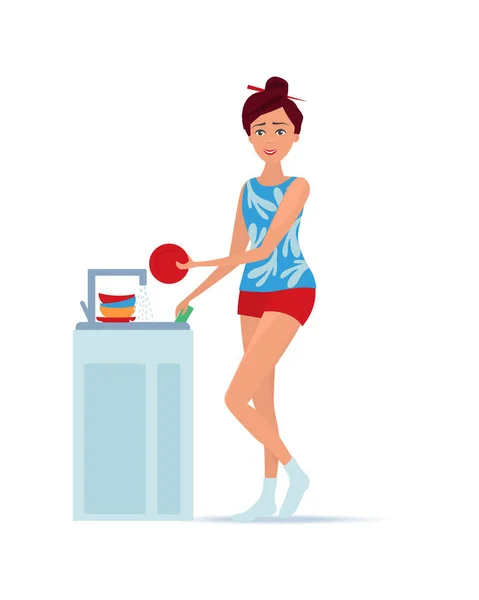 Hermosa chica cerca del fregadero, lava los platos con esponja . — Vector de stock