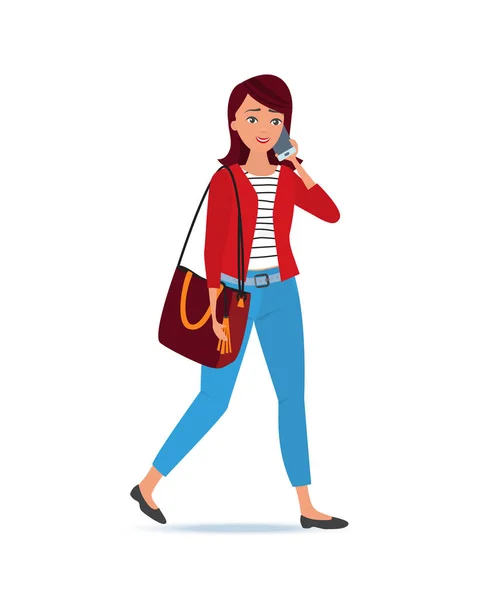 Meisje kantoor werknemer gaat naar huis van het werk, gesprekken op telefoon. — Stockvector