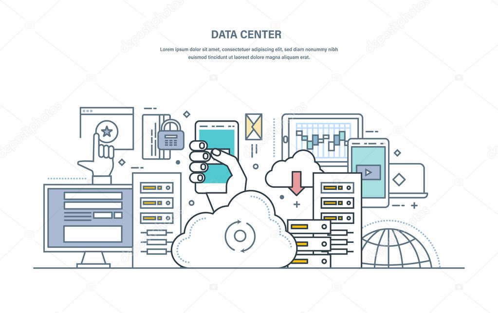 Data center. Cloud storage, secure data storage, web hosting server.
