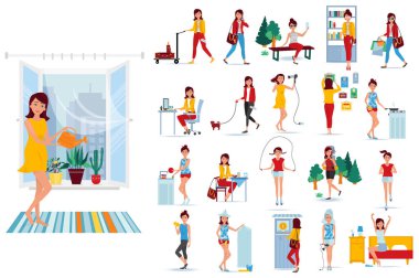 Set character modern girl. Weekdays of girl in different situations. clipart