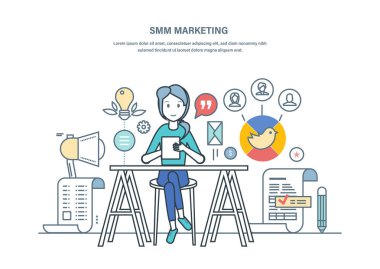 SMM pazarlama. Reklam, promosyon sosyal ağlar, ürünler ve hizmetler.