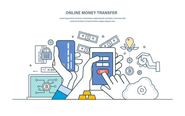Online převod peněz, záruku zabezpečení transakcí, hospodářské vztahy, vklady. — Stockový vektor