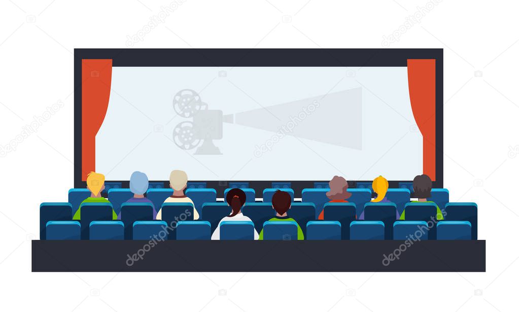 People, spectators, in cinema hall on the seats, theater hall.