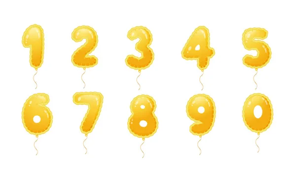 Uppsättning av gyllene ballonger med nummer från noll till nio. — Stock vektor