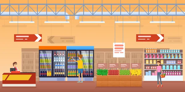 Magasin, intérieur environnant, étagères, réfrigérateurs avec boissons, stands avec produits . — Image vectorielle