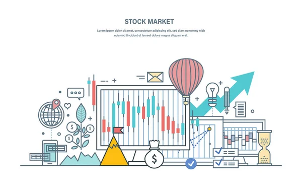 Mercado financeiro bolsista, protecção das trocas comerciais, mercado de capitais, comércio electrónico, investimentos . —  Vetores de Stock