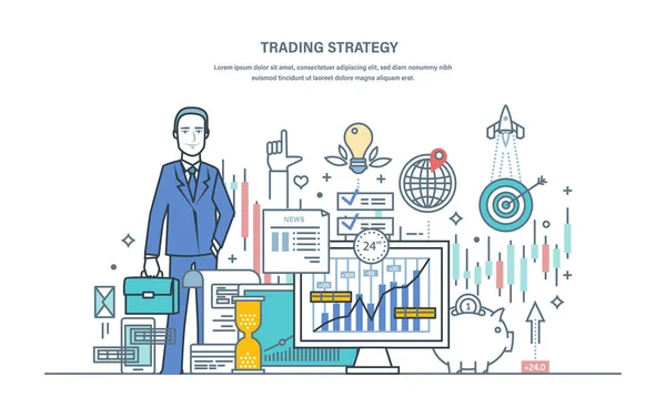 Trading strategie. Financiële beurs, bescherming van de kapitaalmarkt, e-commerce. — Stockvector