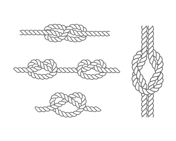 Набор морских узлов и петель. Кабельная веревка, завязанная, развязанная . — стоковый вектор