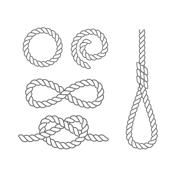 Set of sea knots and loops. Cable rope, tied, untied. — Stock Vector