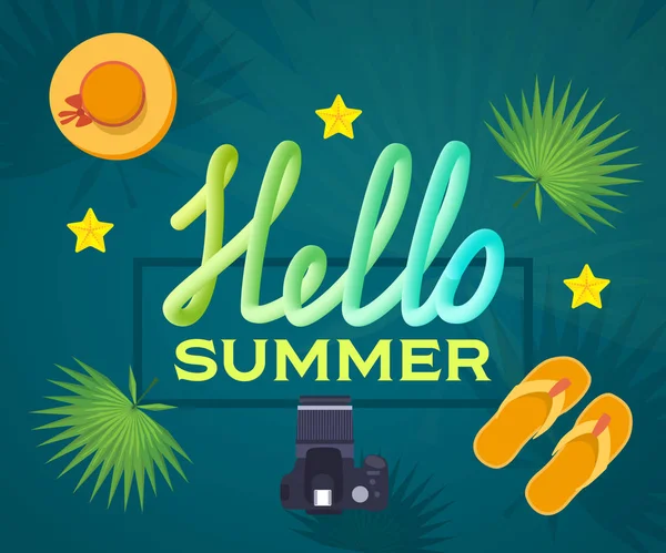 Hello summer. Design of poster, placard with decorations, typographic text. — Stock Vector